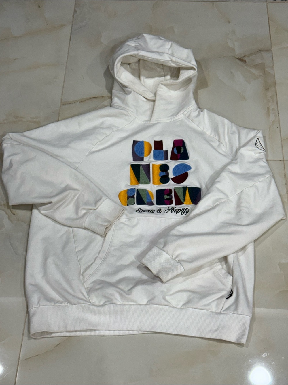 Men's White Crewneck Hoodie with Multicolor Block Graphic